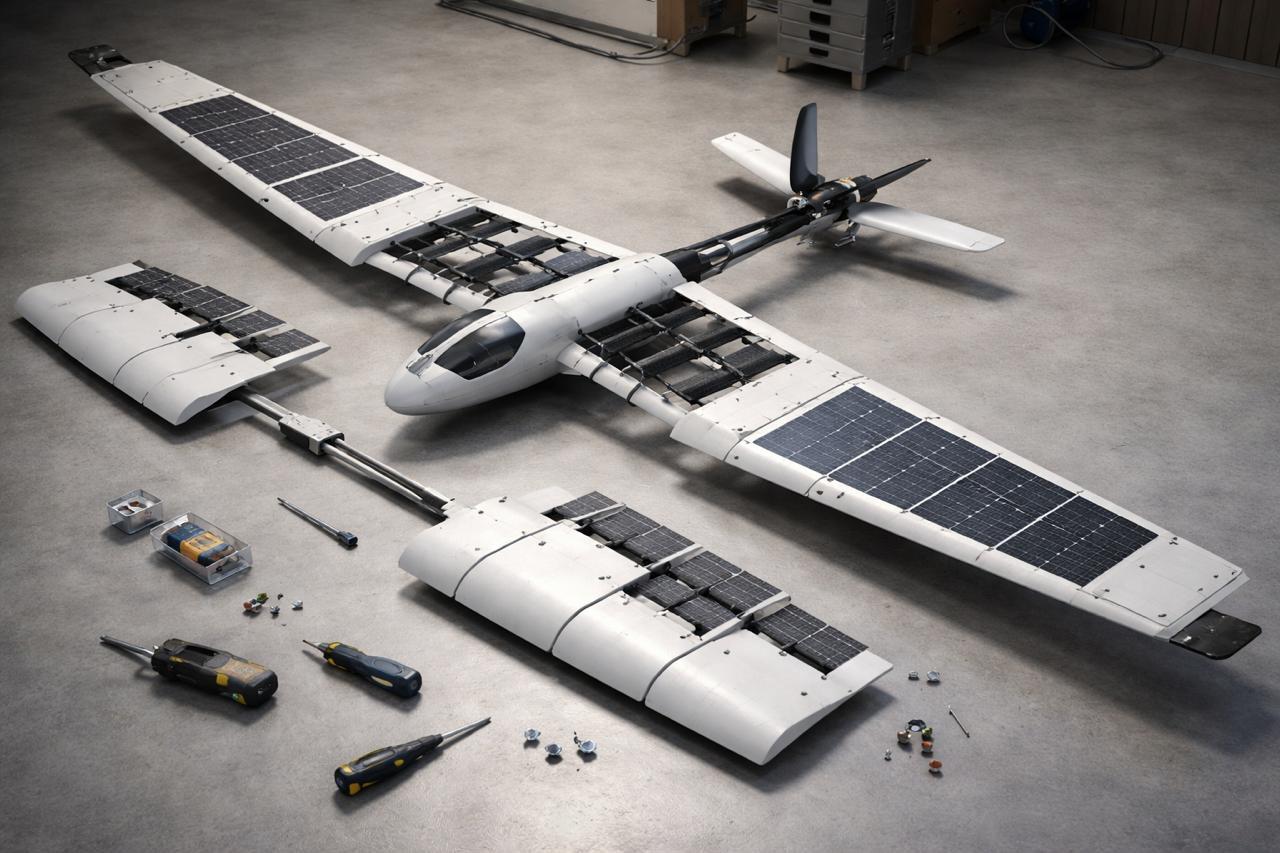 Disassembled solar-paneled long-endurance fixed-wing UAV with avionics laid out in workshop