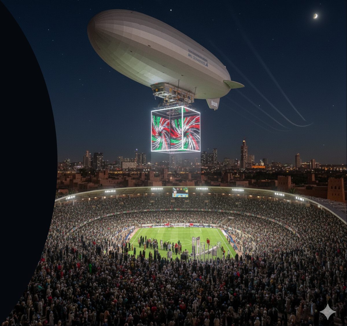 STRIXEYE aerial advertising blimp with large LED billboard above a packed stadium at night